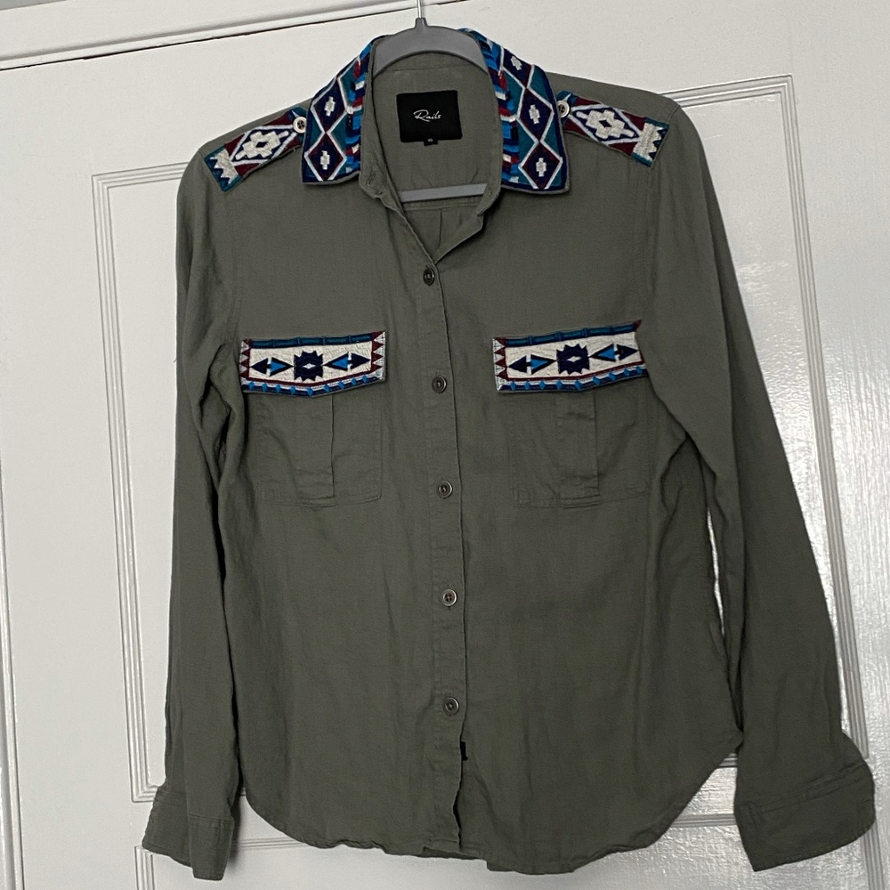 Rails Kona Linen Blend Button-Up Shirt Embroidered - image 5